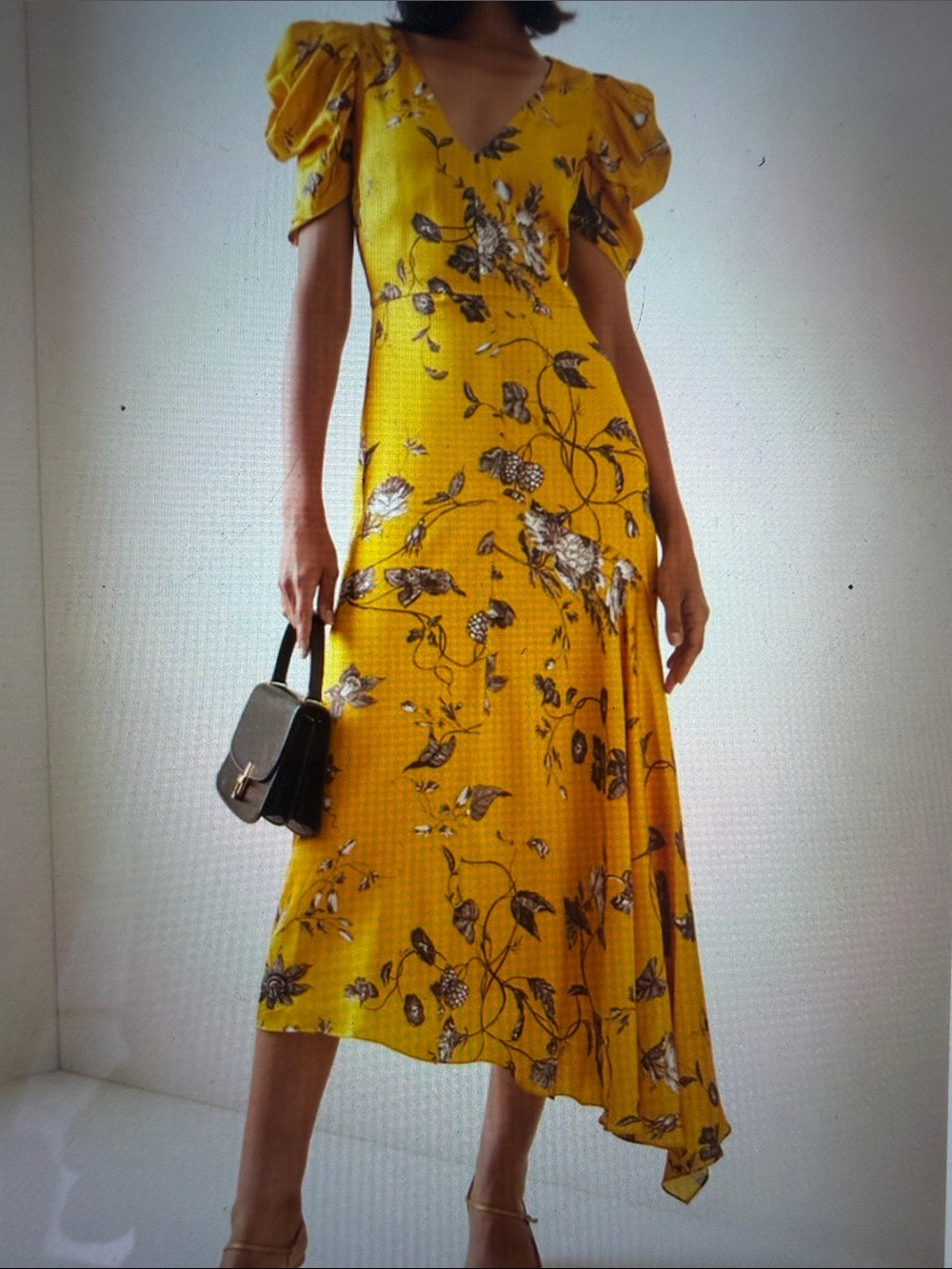 Erdem Yellow Floral V-Neck Midi Dress with Puff Sleeves Assymetrical Hem